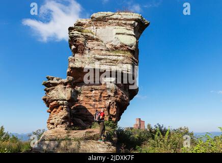 Deutschland, Rheinland-Pfalz, Senior Wanderer vor Sandsteinfelsen im Pfälzer Wald mit Schloss Trifels im fernen Hintergrund Stockfoto