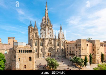 Blick auf die gotische Kathedrale des Heiligen Kreuzes und Saint Eulalia, auch bekannt als Kathedrale von Barcelona, von einer Balkonterrasse in Barcelona, Spanien. Stockfoto