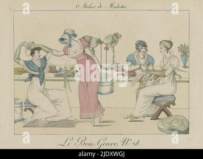 Le Bon Genre, 1817, Nr. 28 : Atelier de Modistes, Atelier of Modistes., Druckerei: Anonym, 1817, Papier, Gravur, Höhe 207 mm × Breite 264 mm Stockfoto