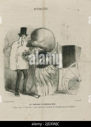 Le Charivari, Actualités, 1850, Nr. 34 : Les Chapeaux à la Nouvelle Mod (...), Spott über den großen Baldachin, der die Sicht einschränkt und für den Wagenraum zu sperrig ist., Druckerei: Anonymous, Druckerei: Aubert & Cie., (auf Objekt erwähnt), Verlag: Aubert & Cie., (erwähnt auf Objekt), Paris, c. 1850, Papier, Höhe 374 mm × Breite 248 mm Stockfoto