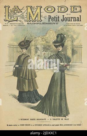 The Fashion Magazine as Temptress, La Mode du Petit Journal: Beilage, Nr. 43. - Dimanche 22. Oktober 1905: 1. Vetement Haute nouveauté. - 2. Toilette de ville, Titelblatt von La Mode du Petit Journal: Beilage, Nr. 43. - Dimanche 22. Oktober 1905: 1. Vetement Haute nouveauté. - 2. Toilette de ville zwei Damen vor dem Zaun eines Parks (Parc du Luxembourg). Die Frau auf der linken Seite mit Hut geschmückt mit Vogel; auf der rechten Seite ein Hut mit Federn. „La Mode du Petit Journal“ war die wöchentliche Modebeilage zum Le Petit Journal, einer Pariser Wochenzeitung, die zwischen 1836 und 1944 veröffentlicht wurde Stockfoto