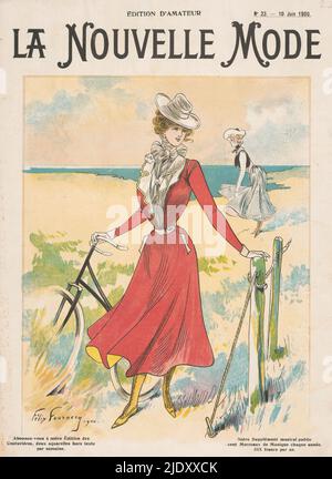 The Fashion Magazine as Temptress, La Nouvelle Mode, Nr. 23: 10 Juin 1900: Cover, La Nouvelle Mode, Nr. 23, 10. Juni 1900: Cover: Zwei junge Frauen in den Dünen. Die davor mit einem Fahrrad in der Hand., nach Zeichnung von: Félix Fournery, Verlag: Anonymous, Paris, 1900, Papier, Höhe 315 mm × Breite 235 mm Stockfoto