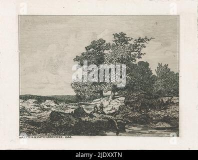 Landschaft mit Eichen, Landschaft mit Eichen und einem Fluss. In der Mitte zwei stehende Figuren., Druckerei: Martinus Antonius Kuytenbrouwer jr., (auf Objekt erwähnt), Paris, 1848, Papier, Ätzung, Höhe 111 mm × Breite 147 mm Stockfoto