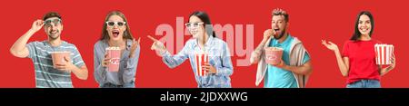 Gruppe junger Menschen mit knackigem Popcorn auf rotem Hintergrund Stockfoto