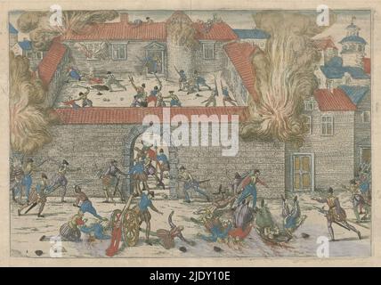 Mord an Protestanten in Cahors, 1561, Serie 3: French Wars of Religion, 1559-1573 (Serientitel), Mord an Protestanten in Cahors, 19. November 1561. Das Haus, in dem ein Treffen stattfindet, wird in Brand gesetzt und die fliehenden Protestanten werden getötet. Beschäftigt mit einem Cache über der Bildunterschrift., Druckerei: Frans Hogenberg, Köln, 1565 - 1573, Papier, Radierung, Höhe 267 mm × Breite 373 mm Stockfoto