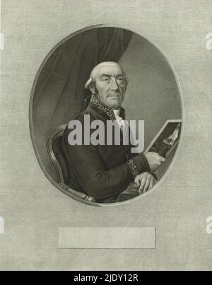 Porträt von Cornelius Henricus à Roy, Porträt von Cornelius Henricus à Roy, Leibarzt von Louis Napoleon. In der rechten Hand hält er einen Druck der Radierung mit dem Porträt Jan Six von Rembrandt., Druckerei: Ludwig Gottlieb Portman, nach Zeichnung von: George Nikolaus Ritter, Amsterdam, 1794 - 1828, Papier, Höhe 489 mm × Breite 384 mm Stockfoto