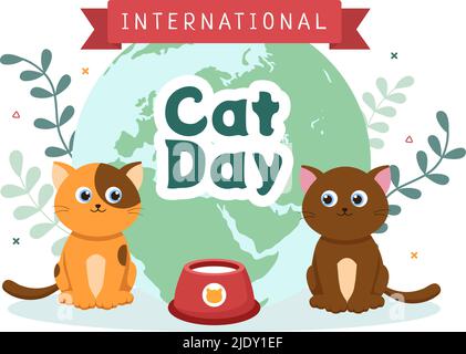International Cat Day feiert die Freundschaft zwischen Menschen und Katzen am August in Cute Flat Cartoon Hintergrund Illustration Stock Vektor