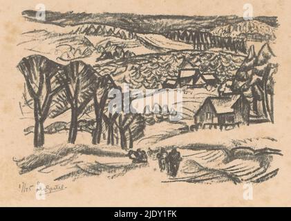 Zinnwald (Ore Mountains) (Originaltitel), Schneelandschaft mit Bäumen und einigen Figuren im Vordergrund unten in der Mitte., Druckerei: Leo Gestel, (signiert vom Künstler), Altenberg, 1923, Papier, Höhe 190 mm × Breite 265 mm, Höhe 95 mm × Breite 45 mm Stockfoto