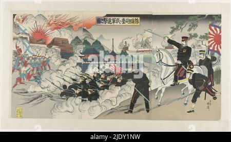 Unsere Armee stürmt die Waffen in Port Arthur, Ryojun hôdai ni waga gun shingeki no zu, die japanische Armee stürmt die Siedlung in Port Arthur. Im Februar 1904 griff Japan die russische Flotte im Hafen von Port Arthur an. Der Angriff auf die Siedlung begann jedoch erst im August und dauerte über fünf Monate. Dieser Druck stammt vom März 1904 und zeigt damit eine fiktive Schlacht in der Nähe der Stadt. Das Design wurde wiederverwendet, Nobukazu veröffentlichte einen sehr ähnlichen Druck im August 1900, nach der Schlacht von Peking., Druckerei: Watanabe Nobukazu, (erwähnt auf Objekt), Verlag: Hasegawa Tsunejirô, (erwähnt auf Stockfoto