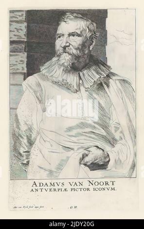 Porträt des Malers Adam van Noort, Icones Principum Vivorum Doctorum Pictorum Chalkographorum Statuariorum nec non Amatorum Pictoriae Artis Numero Centum ab Antonio van Dyck Pictore ad Vivum Expressae Eiusq: Sumptibus aeri incisae (Serientitel), Iconographie (Serientitel), dieser Druck ist Teil eines Albums., Druckerei: Anthony van Dyck, (auf Objekt erwähnt), Druckerei: Anonym, nach eigenem Entwurf von: Anthony van Dyck, Antwerpen, 1630 - 1632 und/oder 1645 - 1646, Papier, Radierung, Gravur, Höhe 245 mm × Breite 156 mm Stockfoto