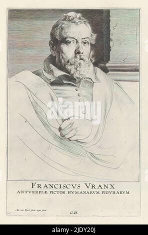 Porträt des Malers Frans Francken, Icones Principum Vivorum Doctorum Pictorum Chalkographorum Statuariorum nec non Amatorum Pictoriae Artis Numero Centum ab Antonio van Dyck Pictore ad Vivum Expressae Eiusq: Sumptibus aeri incisae (Serientitel), Iconographie (Serientitel), dieser Druck ist Teil eines Albums., Druckerei: Anthony van Dyck, (auf Objekt erwähnt), Druckerei: Anonym, nach Malerei von: Peter Paul Rubens, Antwerpen, 1630 - 1632 und/oder 1645 - 1646, Papier, Radierung, Gravur, Höhe 246 mm × Breite 159 mm Stockfoto