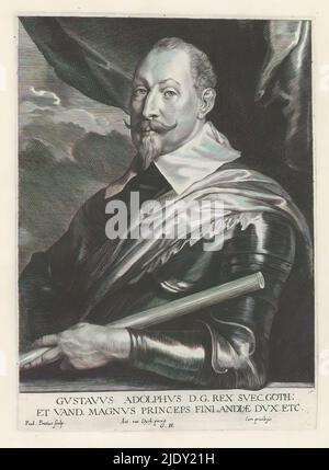 Porträt von Gustaaf II Adolf, König von Schweden, Icones Principum Vivorum Doctorum Pictorum Chalkographorum Statuariorum nec non Amatorum Pictoriae Artis Numero Centum ab Antonio van Dyck Pictore ad Vivum Expressae Eiusq: Sumptibus aeri incisae (Serientitel), Iconographie (Serientitel), dieser Druck ist Teil eines Albums., Adamsmaker:. Bolswert, (erwähnt auf Objekt), nach Malerei von: Anthony van Dyck, (erwähnt auf Objekt), Verlag: Gilles Hendricx, (erwähnt auf Objekt), Antwerpen, 1630 - 1641 und/oder 1645 - 1646, Papier, Gravur, Höhe 245 mm × Breite 177 mm Stockfoto