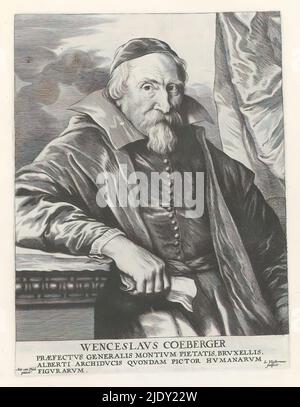 Porträt des Malers und Architekten Wenzel Coebergher, Icones Principum Vivorum Doctorum Pictorum Chalkographorum Statuariorum nec non Amatorum Pictoriae Artis Numero Centum ab Antonio van Dyck Pictore ad Vivum Expressae Eiusq: Sumptibus aeri incisae (Serientitel), Iconographie (Serientitel), dieser Druck ist Teil eines Albums., Printmaker: Lucas Vorsterman (I), (auf Objekt erwähnt), nach Malerei von: Anthony van Dyck, (auf Objekt erwähnt), Verlag: Gilles Hendricx, Antwerpen, 1630 - 1641 und/oder 1645 - 1646, Papier, Gravur, Höhe 235 mm × Breite 179 mm Stockfoto