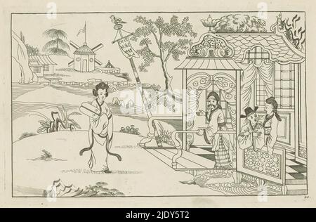 Landschaft mit einer Chinesin, Nieuwe gevineerde Sineesen, met groote moeyte geteekent en in 't Ligt gegeven, Tür P: Schenk Jun (...), erster Teil (Serientitel), Chinesische Dame steht links mit einem Fächer in den Händen in einer Landschaft. Rechts drei Figuren in einem Gebäude auf Stelzen im Wasser. Druck ist Teil eines Albums., Druckerei: Pieter Schenk (II), nach Gestaltung von: Pieter Schenk (II), Verlag: Pieter Schenk (II), Amsterdam, 1727 - 1775, Papier, Radierung, Höhe 167 mm × Breite 260 mm Stockfoto