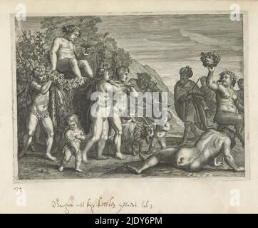 Triumphprozession von Bacchus, Metamorphosen von Ovid (Serientitel), Bacchus wird von seinen Anhängern getragen. Im Hintergrund wird der betrunkene Silenus auf seinem Esel von einem Satyr unterstützt. Vor Maenad und Putti. Eine Figur erbricht., Druckerei: Crispijn van de Passe (II), (Werkstatt von), Verlag: Crispijn van de Passe (II), (zugeschrieben), c. 1636 - 1670, Papier, Gravur, Höhe 160 mm × Breite 224 mm Stockfoto