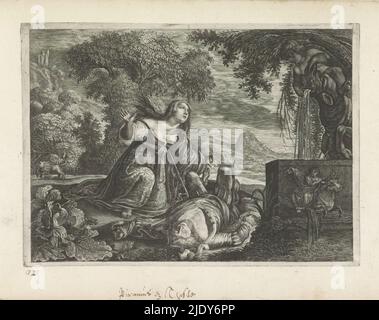 Pyramus und Thisbe, Metamorphosen von Ovid (Serientitel), Pyramus liegt sterbend auf dem Boden vor einem Brunnen. Seine geliebte Thisbe sitzt bei ihm und hebt verzweifelt ihre Arme. In Trauer wirft sie sich in sein Schwert. Im Hintergrund läuft die Löwin mit Thisbe's Schleier im Mund., Druckerei: Magdalena van de Passe, Verleger: Crispijn van de Passe (II), (zugeschrieben), c. 1636 - 1670, Papier, Gravur, Höhe 167 mm × Breite 232 mm Stockfoto