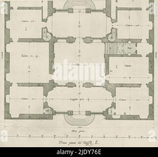 Plan des ersten Stockwerks der Villa Pallavicino delle Peschiere in Genua, Prima pianta del Palazzo. E (Titel auf Objekt), dieser Druck ist Teil eines Albums., Druckerei: Nicolaes Ryckmans, Verlag: Peter Paul Rubens, Spaanse kroon, Antwerpen, 1622, Papier, Gravur, Höhe 280 mm × Breite 256 mm, Höhe 583 mm × Breite 435 mm Stockfoto