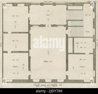 Plan des zweiten Stockwerks des Palazzo Interiano Pallavicini in Genua, Terza pianta del Palazzo. G (Titel auf Objekt), dieser Druck ist Teil eines Albums., Druckerei: Nicolaes Ryckmans, Verlag: Peter Paul Rubens, Spaanse kroon, Antwerpen, 1622, Papier, Gravur, Höhe 183 mm × Breite 207 mm, Höhe 583 mm × Breite 435 mm Stockfoto