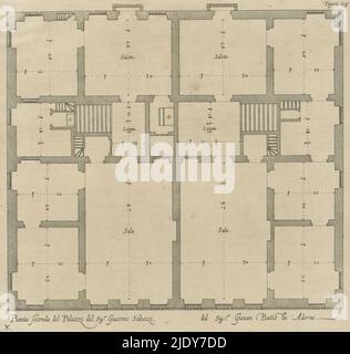 Plan des zweiten Stockwerks des Palazzo Cattaneo-Adorno in Genua, Pianta seconda del Palazzo del sigr. Giacomo Saluzzo / del sigr. Giovan Battista Adorno (Titel auf Objekt), dieser Druck ist Teil eines Albums., Druckerei: Nicolaes Ryckmans, Verlag: Peter Paul Rubens, Spaanse kroon, Antwerpen, 1622, Papier, Gravur, Höhe 219 mm × Breite 219 mm, Höhe 583 mm × Breite 435 mm Stockfoto