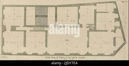 Plan des zweiten Stockwerks des Palazzo Giacomo Lomellini in Genua, Seconda pianta del Palazzo del sigr. Giacomo Lomellino (Titel auf Objekt), dieser Druck ist Teil eines Albums., Druckerei: Nicolaes Ryckmans, Verlag: Peter Paul Rubens, Spaanse kroon, Antwerpen, 1622, Papier, Gravur, Höhe 187 mm × Breite 397 mm, Höhe 583 mm × Breite 435 mm Stockfoto