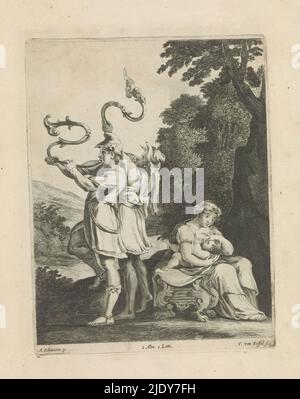 Amalthea gesäugt den jungen Jupiter, rechts sitzt die Nymphe mit Jupiter. Auf der linken Seite blasen zwei Männer ein dekoriertes Horn. Im Hintergrund eine Berglandschaft mit Wasserspiel. Dieser Druck ist Teil eines Albums., Druckerei: Theodorus van Kessel, (erwähnt auf Objekt), nach Malerei von: Schiavone, (erwähnt auf Objekt), Verlag: David Teniers (II), Druckerei: Südniederland, nach Malerei von: Italien, Verlag: Brüssel, 1660, Papier, Radierung, Höhe 222 mm × Breite 170 mm Stockfoto