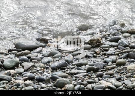 Glänzende nasse Flusssteine am Westland Beach South Island Neuseeland. Stockfoto