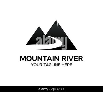 Landschaft mit einem Fluss in den Bergen Logo-Design. Landschaft mit Silhouetten von Bergen und Bergfluss. Natur Vektor Design und Illustration Stock Vektor