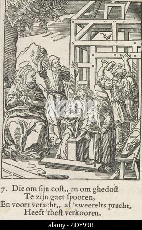 Christuskind baut ein Haus, De kindheyd onses heeren Jesu Christi (Serientitel), Youth of Christ (Serientitel), das Christuskind bohrt ein Loch in eine Planke. Zusammen mit zwei Engeln und Joseph baut er ein Haus. Mary schaut zu, während sie mit einer Spule von Fäden beschäftigt ist. Unter dem Bild mit der Nummer 7. Dazu gehören vier Textzeilen. Der Druck ist Teil eines Albums., Druckerei: Christoffel van Sichem (II), (auf Objekt erwähnt), nach Druck von: Hieronymus Wierix, Verlag: Pieter Jacobsz. Paets, Amsterdam, 1617, Papier, Buchdruck, Höhe 81 mm × Breite 63 mm, Höhe 101 Stockfoto