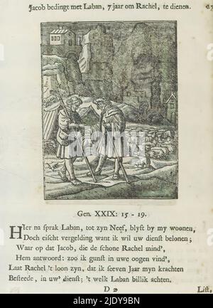 Jakob arbeitet sieben Jahre mit Laban, Jakob schreibt mit Laban vor, 7 Jahre, um Rachel zu dienen (Titel auf Objekt), im Austausch für Rachels Hand verpflichtet sich Jacob, sieben Jahre als Hirte für Laban zu dienen. Über der Szene ein Titel. Unten sechs Verse und ein Hinweis auf Genesis 29:15-19. Der Druck ist Teil eines Albums., Druckerei: Christoffel van Sichem (II), (erwähnt auf Objekt), Druckerei: Christoffel van Sichem (III), (erwähnt auf Objekt), Verlag: Jan Klooster, Amsterdam, 1645 - 1646 und/oder 1740, Papier, Buchdruck, Höhe 100 mm × Breite 76 mm, Höhe 169 mm × Breite 125 mm Stockfoto