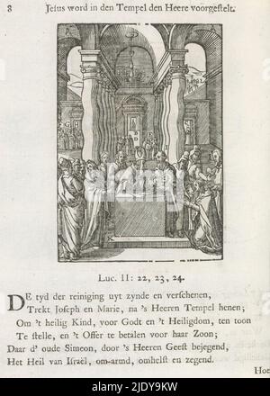 Präsentation im Tempel, Jesus war im Tempel den Heere voorgestelt (Titel auf Objekt), Maria und Joseph haben Christus in den Tempel gebracht. Der Hohepriester Simeon segnet das Kind. Mary bietet den Korb mit einem Paar Tauben an. Es gibt Buchstaben in der Nähe verschiedener Elemente der Szene. Über der Szene befindet sich ein Titel. Darunter sind sechs Verse und ein Hinweis auf Lukas 2: 22-24. Der Druck ist Teil eines Albums., Druckerei: Christoffel van Sichem (II), nach Druck von: Hieronymus Wierix, nach Gestaltung von: Bernardino Passeri, Druckerei: Amsterdam, nach Druck von: Antwerpen, Verlag: Amsterdam, 1629 und/oder Stockfoto