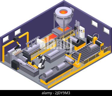 Isometrische Zusammensetzung mit automatisierten Maschinen für die Metallbearbeitung 3D Vektor-Illustration Stock Vektor