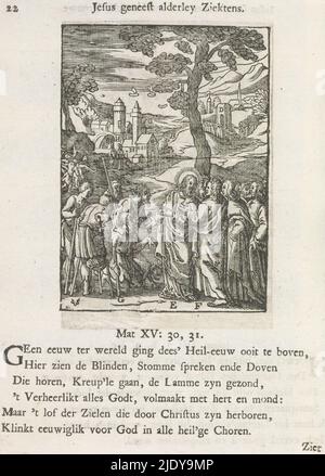 Christus antwortet auf die Boten des Johannes, Christus heilt Blinde und Lahme, Jesus heilt alderley-Krankheiten (Titel auf Objekt), Johannes hört von der Erscheinung Christi im Gefängnis. Er schickt einige seiner Schüler, um ihm Fragen zu stellen. In ihrer Gegenwart heilt Christus die Blinden und Lahmen. Es gibt Buchstaben in der Nähe verschiedener Elemente der Szene. Über der Szene befindet sich ein Titel. Darunter sind sechs Verse und ein Hinweis auf Matthäus 15: 30-31. Der Druck ist Teil eines Albums., Druckerei: Christoffel van Sichem (II), (auf Objekt erwähnt), nach Druck von: Antonie Wierix (II), nach Gestaltung von: Bernardino Passeri, Druckerei: Stockfoto