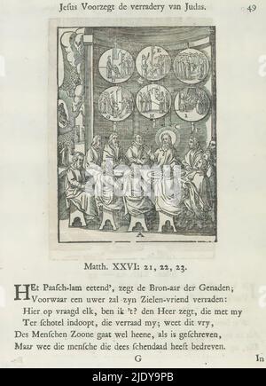 Christus erscheint den Aposteln zum letzten Mal, Letztes Abendessen, Jesus sagt den Verrat von Judas (Titel auf Objekt) voraus, Christus erscheint den Aposteln, während sie essen. Er wirft ihnen ihren Unglauben und ihre Hartnäckigkeit vor und weist sie an, durch die Welt zu gehen. Die sechs Kreise darüber stellen den Inhalt des Evangeliums dar. Im Hintergrund wird Christus in den Himmel aufgenommen. Hier wird das Bild als Darstellung des Letzten Abendmahls verwendet, wo Christus vorhersagt, dass einer seiner Jünger ihn überliefern wird. Es gibt Buchstaben in der Nähe verschiedener Elemente der Szene. Über dem Bild befindet sich ein Stockfoto