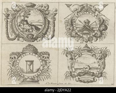 Druck 24 aus der Serie 'Livre des plus belles devises...', Livre des plus belles devises enrichies des fleurons et d'autres ornaments nouvellement inventes, etc. ...Tomé Second (Serientitel), Druck Nr. 24 einer Serie von zwölf nummerierten Drucken (inklusive Titelseite) mit Mottos über Liebe und andere Lebensfragen. Die Mottos bestehen aus einer Pictura und einem lateinischen Motto. Teil zwei von zwei nummerierten Serien. Es ist die erste Ausgabe (und der erste Stand) der Ausgabe, für die Adresse von Cornelis Danckerts II und die Zugabe von niederländischen Texten., Druckerei: Anthonie de Winter, (erwähnt auf Objekt), afte Stockfoto