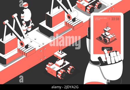 Automatisierte robotische industrielle Fertigungsstraße mit humanoider Arbeiter und ferngesteuerter Roboter isometrische Zusammensetzung Vektor Illustration Stock Vektor