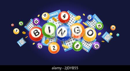 Realistische Bingo-Komposition mit Bildern von numerischen Lotteriebällen mit Tickets und goldenen Geldmünzen Vektorgrafik Stock Vektor
