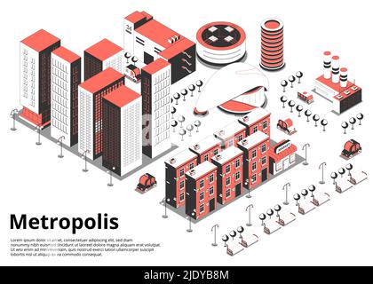 Metropolis Straße isometrischen Hintergrund mit Text und Vögel Blick auf moderne Stadtblock mit Autos Vektor-Illustration Stock Vektor
