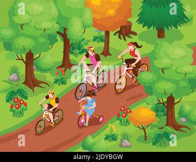 Familie Fitness isometrischen Hintergrund mit Fahrrad fahren mit Eltern und Kindern Vektor-Illustration Stock Vektor