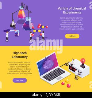 Wissenschaft isometrischer Hintergrund Satz von zwei horizontalen Banner mit mehr lesen Tasten Text Personen und Ausrüstung Vektor Illustration Stock Vektor