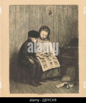 Zwei Kinder mit einem Kinderdruck, Ein Mädchen und ein Junge sehen sich Kinderdrucke an. Auf dem Boden sind Papiere., Druckerei: Jacob Taanman, (erwähnt auf Objekt), Amsterdam, 1873, Papier, Ätzung, Höhe 140 mm × Breite 115 mm Stockfoto