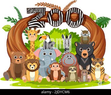 Zoo Tiere Gruppe in flachen Cartoon-Stil Illustration Stock Vektor