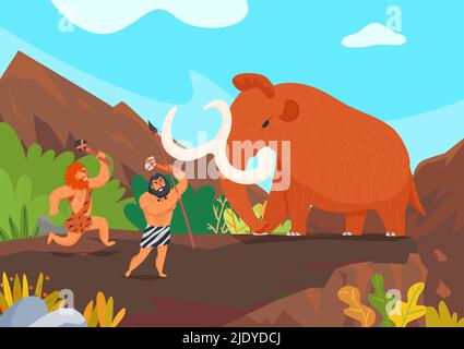 Zwei primitive Männer Jagd Mammut mit Steinwaffen Cartoon-Vektor-Illustration Stock Vektor
