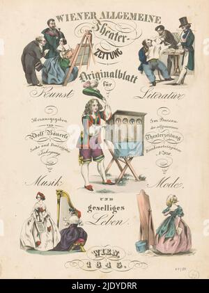 Fünf Szenen zu Kunst und Kultur, Titelseite zu: Wiener Allgemeine Theater-Zeitung, 1843, fünf Szenen auf einem Blatt: Eine Frau, die hinter einer Leinwand auf einer Staffelei malt, im Gespräch mit zwei Männern; drei Männer, die Zeitung lesen, einer mit langer Pfeife; Ein Mann in zeitlicher Kleidung mit einer Sichtbox auf einem Ständer; eine Frau mit einer Harfe und einem Sänger mit Noten; eine Frau vor einem Spiegel., Druckerei: Andreas Geiger, Verleger: Adolf Baüerle, Wien, 1843, Papier, Radierung, Gravur, Höhe 307 mm × Breite 230 mm Stockfoto
