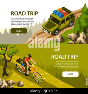 Camping horizontale Banner mit Mann Fahrrad und Touristenauto auf der Straße im Wald gesetzt 3D isometrische isolierte Vektor-Illustration Stock Vektor