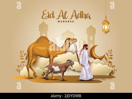 eid al adha mubarak arabischer Mann mit einem Kamel und einer Ziege. Kreative Vektorgrafik Design Stock Vektor