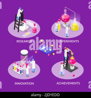 Chemische isometrische Komposition mit einer Reihe von runden Kompositionen mit Textüberschriften menschlicher Charaktere und Vektorgrafik für Laborgeräte Stock Vektor