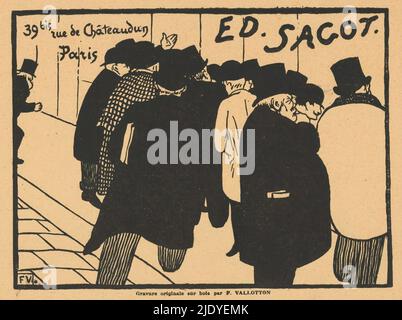 Visitenkarte des Druckhändlers Edmond Sagot in Paris, Menschen auf dem Bürgersteig vor Edmond Sagots Schaufenster., Druckerei: Félix Edouard Vallotton, (erwähnt auf Objekt), Verleger: Edmond Sagot, (möglicherweise), Paris, 1892, Papier, Buchdruck, Höhe 163 mm × Breite 196 mm Stockfoto