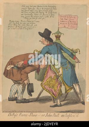 William Pitt und John Bull um eine Sichtbox, Billy's Raree-Show - oder John Bull Enlighten'd (Titel auf Objekt), William Pitt steht neben einer Sichtbox mit einer Krone auf der Oberseite, um seine Schulter eine Trompete mit einem Banner mit dem Wappen Englands. Mit der rechten Hand zieht er eine Schnur, die aus der Sichtbox kommt, während er mit der linken Hand eine Tasche mit Ersparnissen aus der Tasche von John Bull stiehlt, der durch ein Fenster in der Sichtbox schaut., Druckerei: Anonym, Verleger: Samuel W. Fores, (erwähnt auf Objekt), London, Aug-1797, Papier, Ätzung, Höhe 304 mm × Breite 220 mm Stockfoto