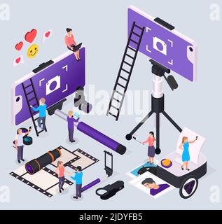 Isometrische Komposition mit Menschen, die Fotos und Werkzeuge für Mobiltelefone 3D Vektor-Illustration Stock Vektor