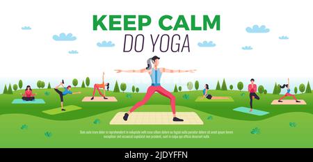 Halten Sie ruhig tun Yoga Online-Kurse stellt Werbung flache horizontale Zusammensetzung mit Outdoor üben Menschen Vektor Illustration Stock Vektor